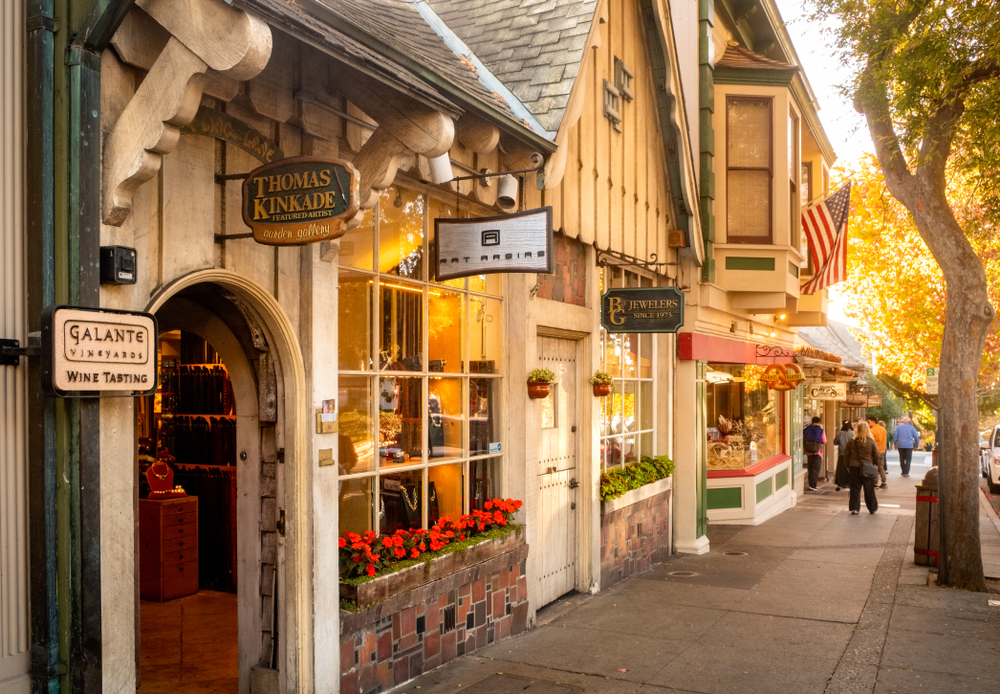 Looking down a street of cute boutique stores in Carmel-by-the-Sea California