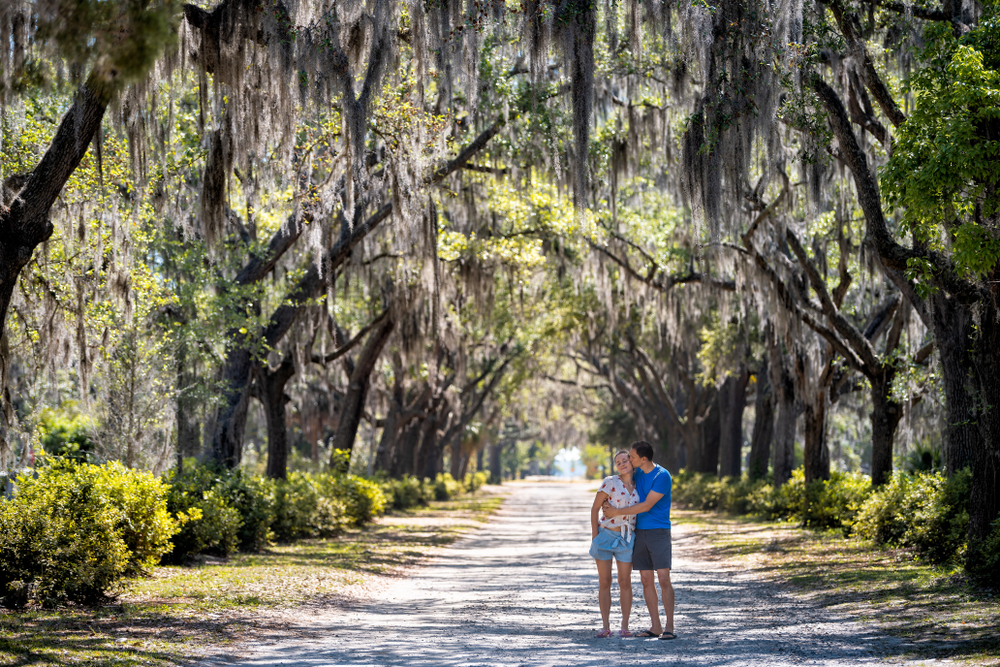 A couple standing in a lane of trees covered with Spanish moss draping down in Savannah Georgia one of the best honeymoons in the usa