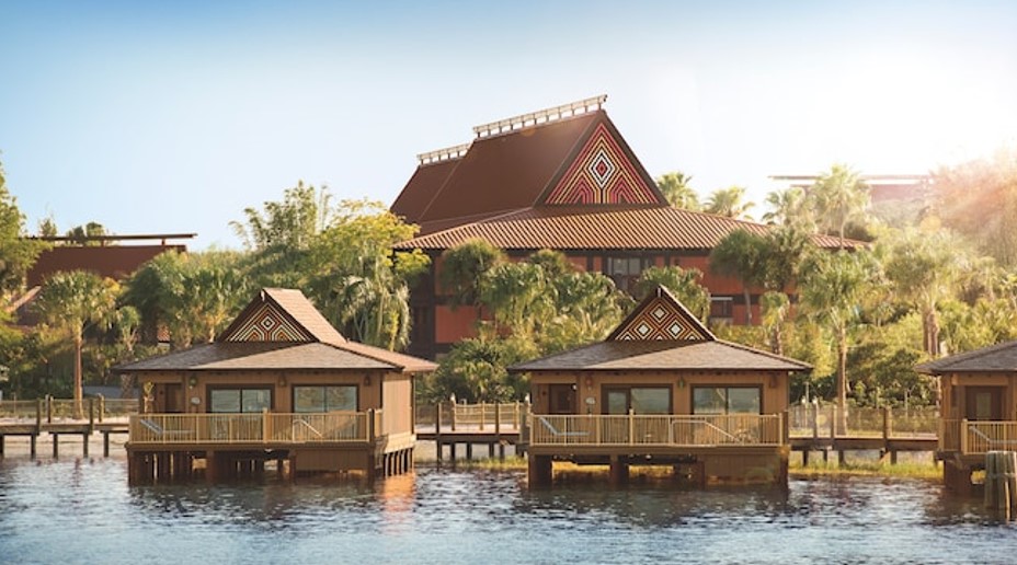 Several Polynesian inspired overwater bungalows at Disney's Polynesian Village Resort 