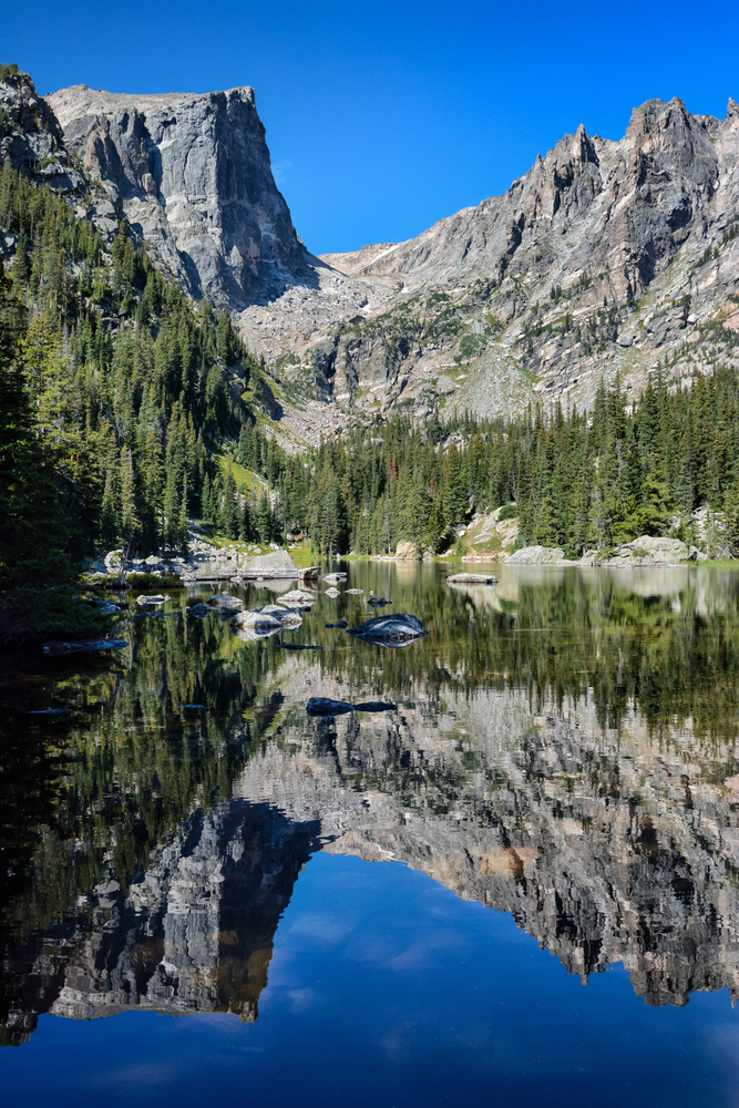 A large lake with a mountain peak in the background, with the mountain peak reflecting in the clear waters of the lake in Rocky Mountain National Park