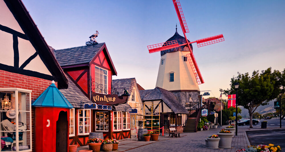 Danish street in Solvang California at twilight