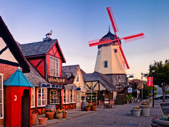 Danish street in Solvang California at twilight