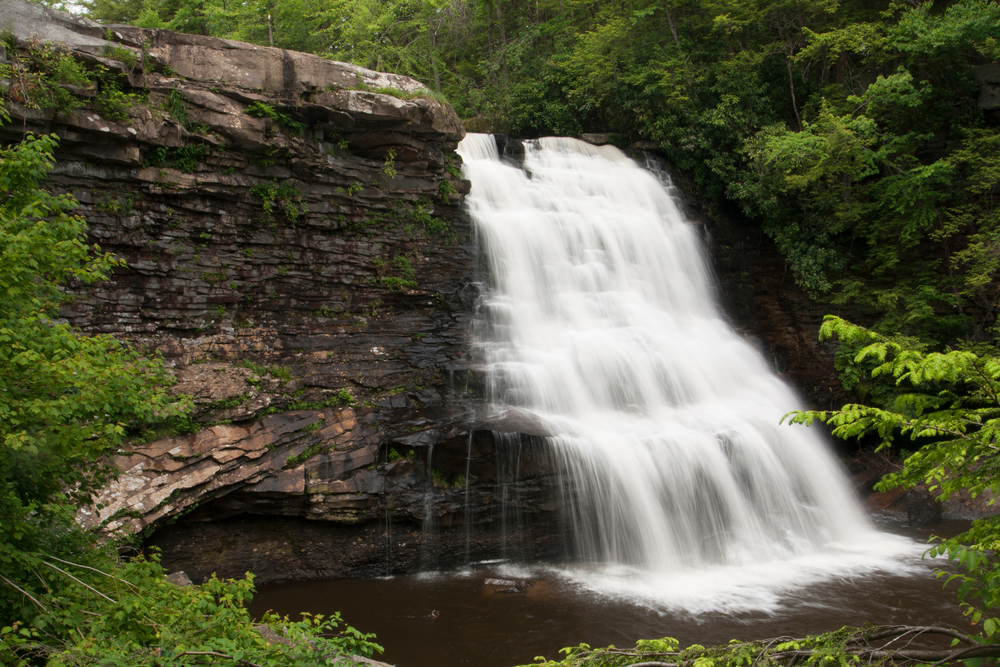 A very large waterfall coming off of a large rock formation surrounded by trees at Swallow Falls State Park