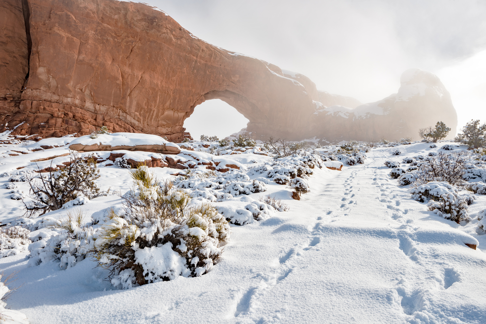 a photo of winter in Arches national park, a great time to visit