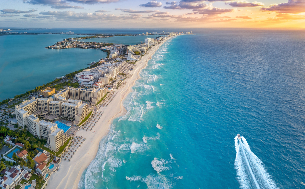 Aerial view of the ocean and city of Cancun, Mexico.
