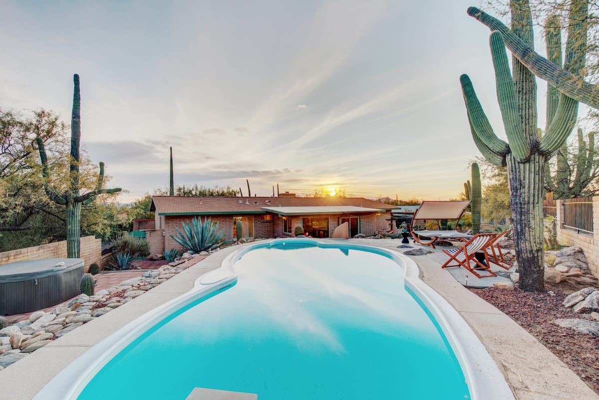 The epic pool surrounded by cacti and lounge furniture at Desert Vibrations