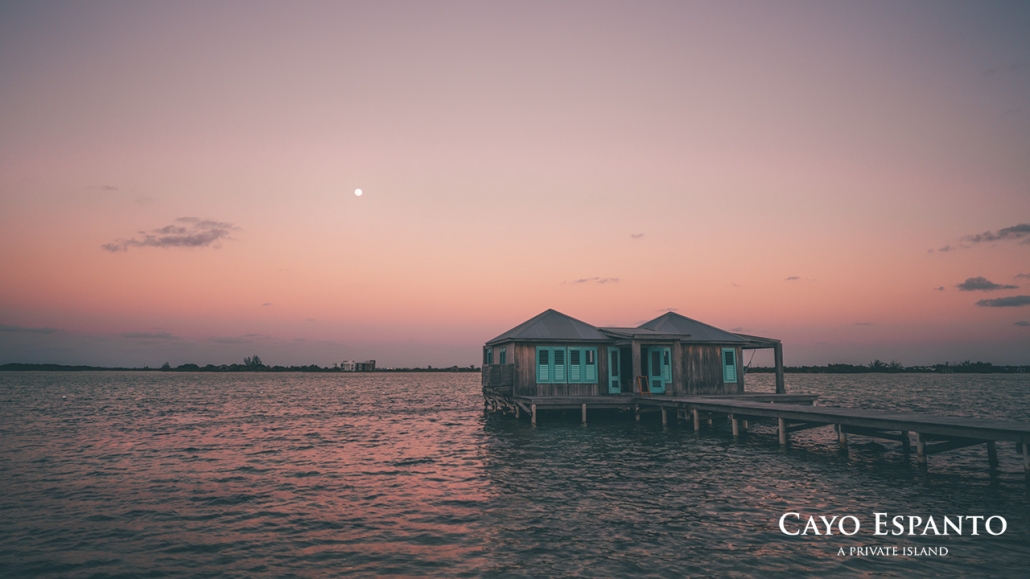 An overwater bungalow in the Caribbean on the private island resort of Cayo Espanto in Belize.