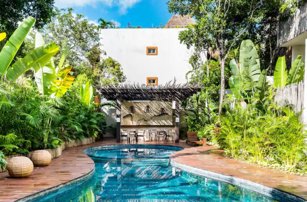 The shared pool, hot tub, and cabana surrounded by jungle plants at the jungle apartment