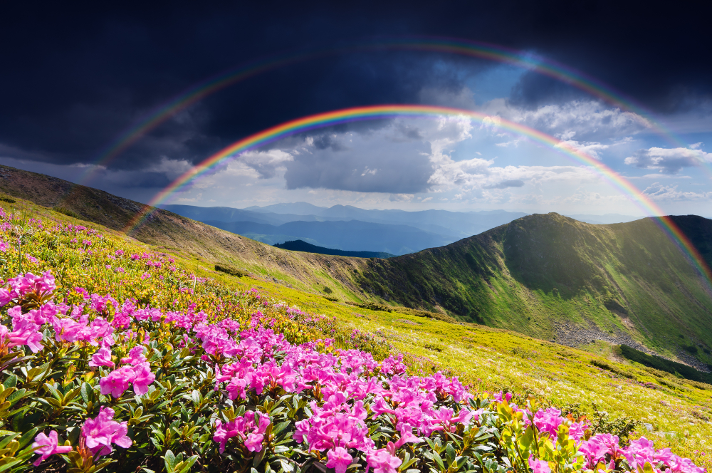 A double rainbow over a beautiful field.