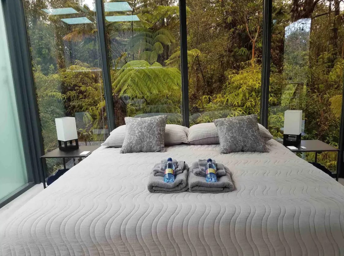 Looking at a king-sized bed set against a wall of windows that looks out onto a tropical rainforest in Hawaii