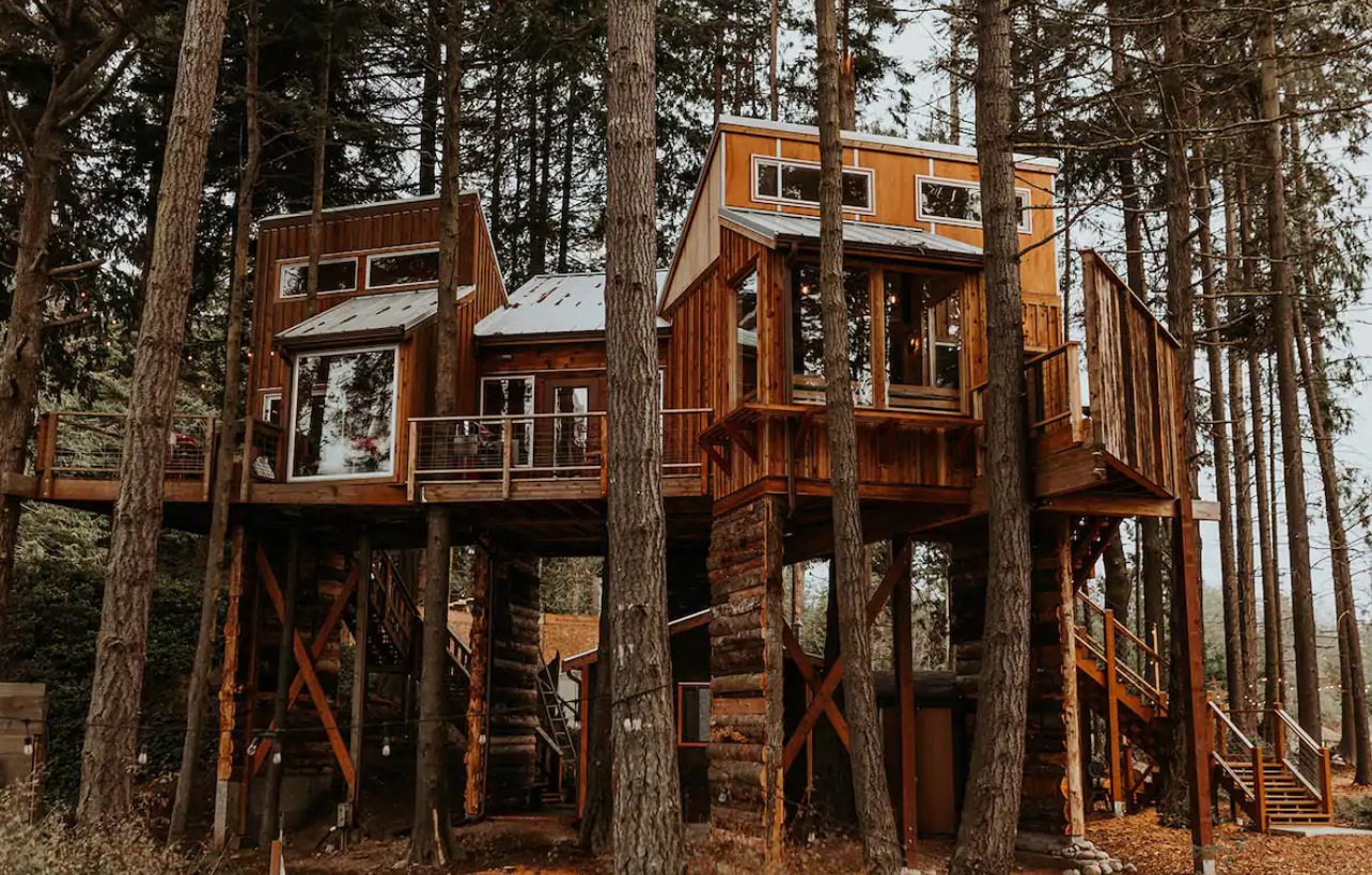 A large treehouse perched high in the trees in Port Angeles Washington one of the best Airbnbs in Washington