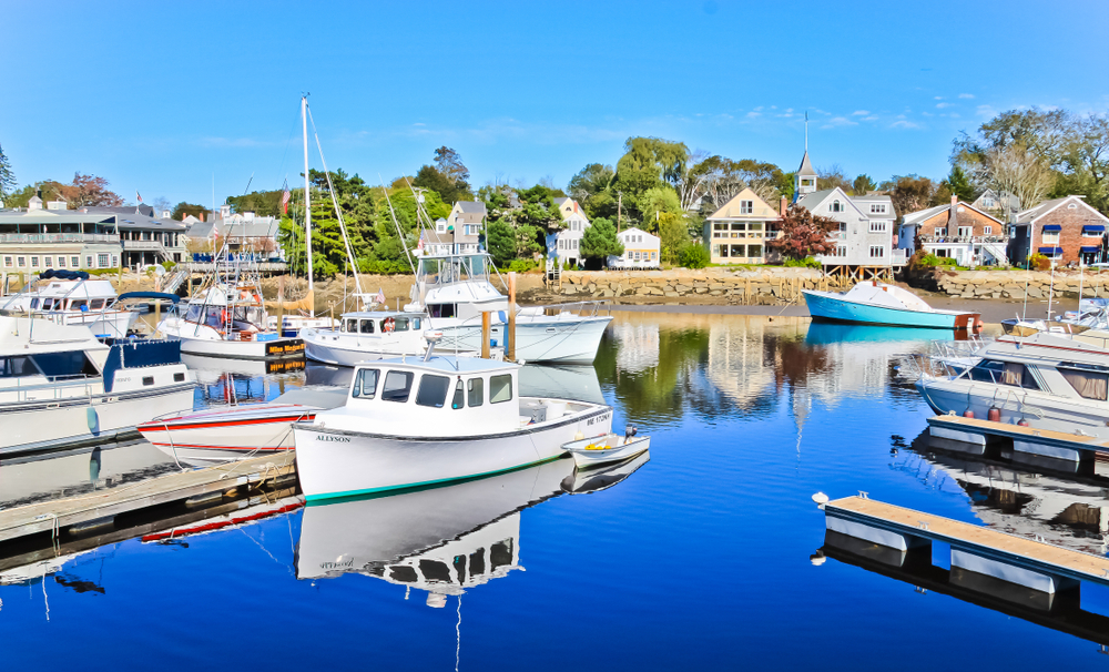 Sail boats and yachts in the marina in Kennebunkport Maine