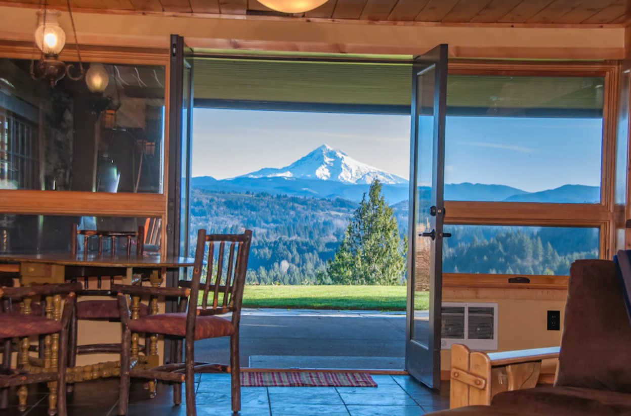 The view through double French doors looking out at Mt. Hood in Oregon