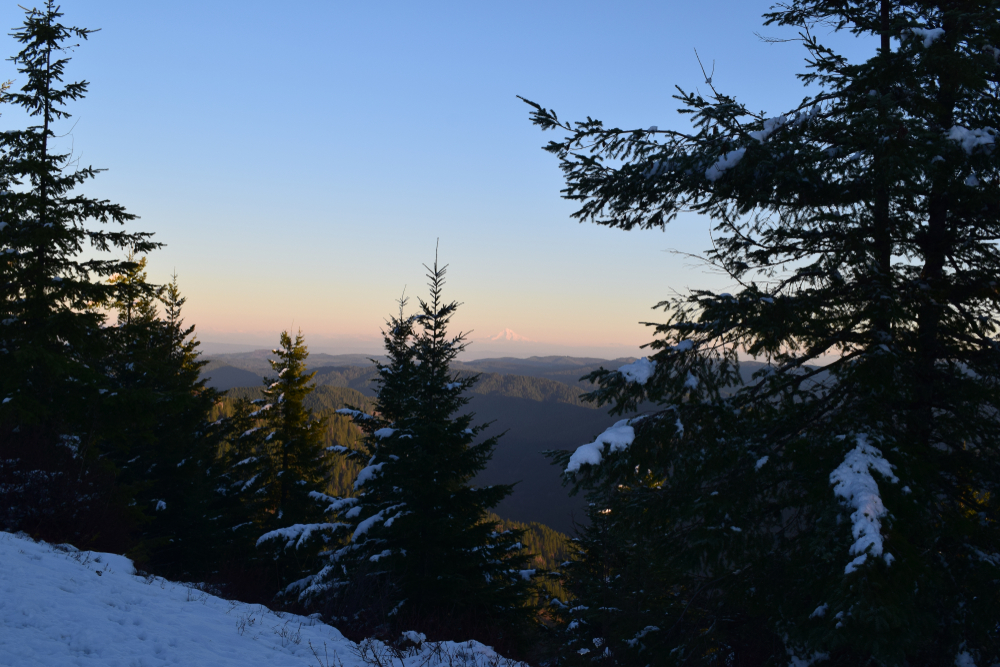 The view of Mt. Hood and the Cascade range from a very snowy Kings Mountain summit, one of the best hikes in Oregon. 