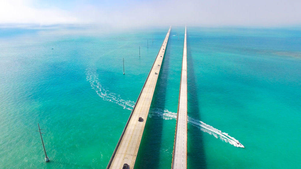 Aerial view of the Seven Mile Bridge in Florida that connects to the Florida Keys.