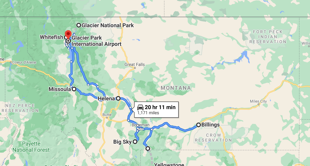 screen shot of a montana road trip map from google maps showcasing stops outlined in blue