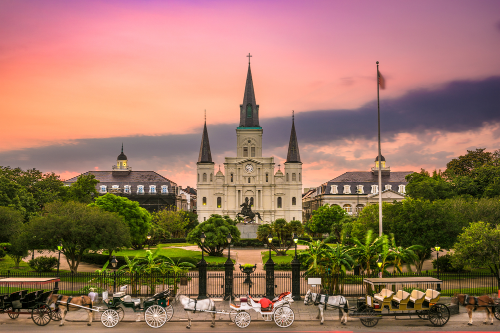 Jackson Square in New Orleans at sunset one of the best weekend getaways in the USA