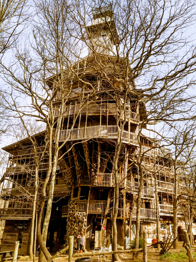 A large wooden treehouse structure that has been abandoned for years. It is haphazardly put together making a very eclectic building and treehouse. 