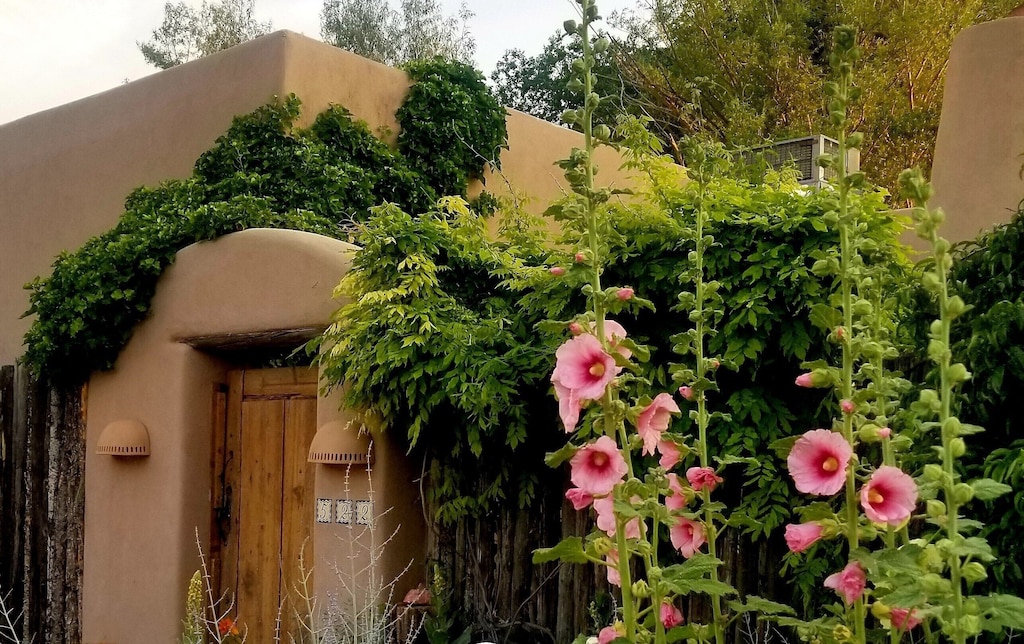 The exterior of a red clay building with a wooden door, vines growing on it, and tall pink flowers near the front door.