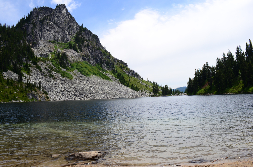 lake valhalla with a blue sky and green trees