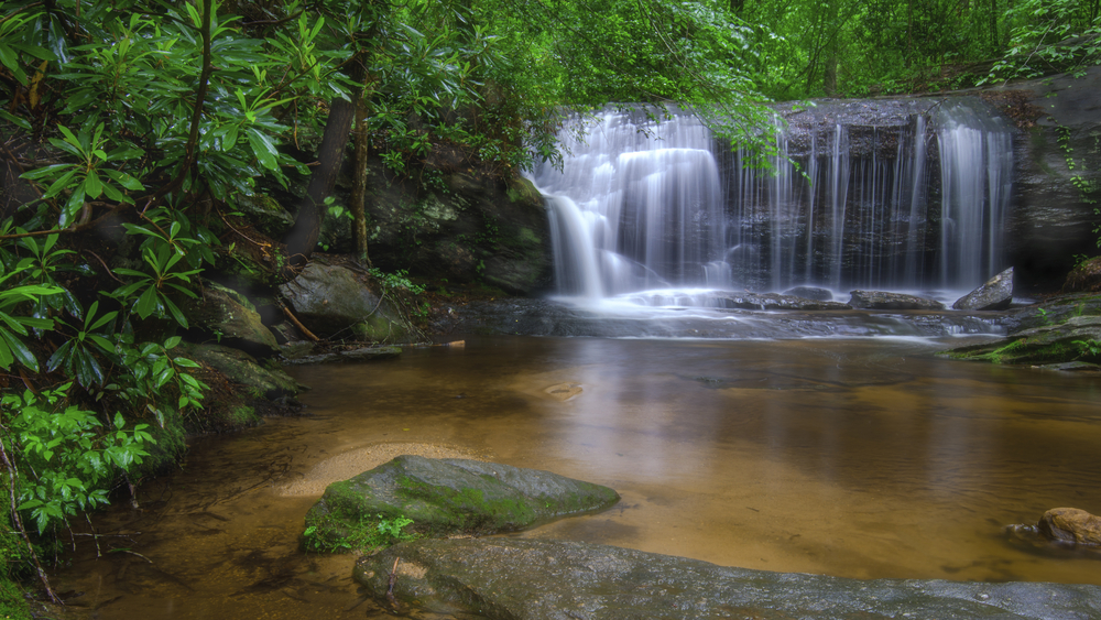 A waterfall cascading into a river surrounded by lush greenery. There are rocks in the river and on the shore of the river. Its a great east coast road trip stop