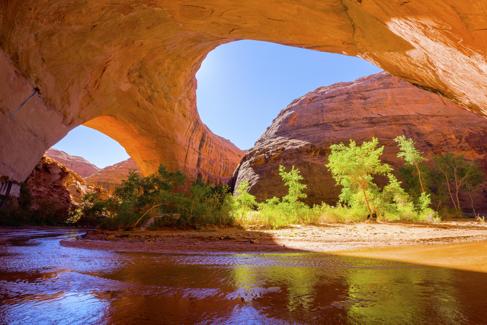 The inside of a rock formation that was created by the river that is flowing through it. It has two arches, a rive bank with trees, and other rock formations near it. The rocks are red sandstone.