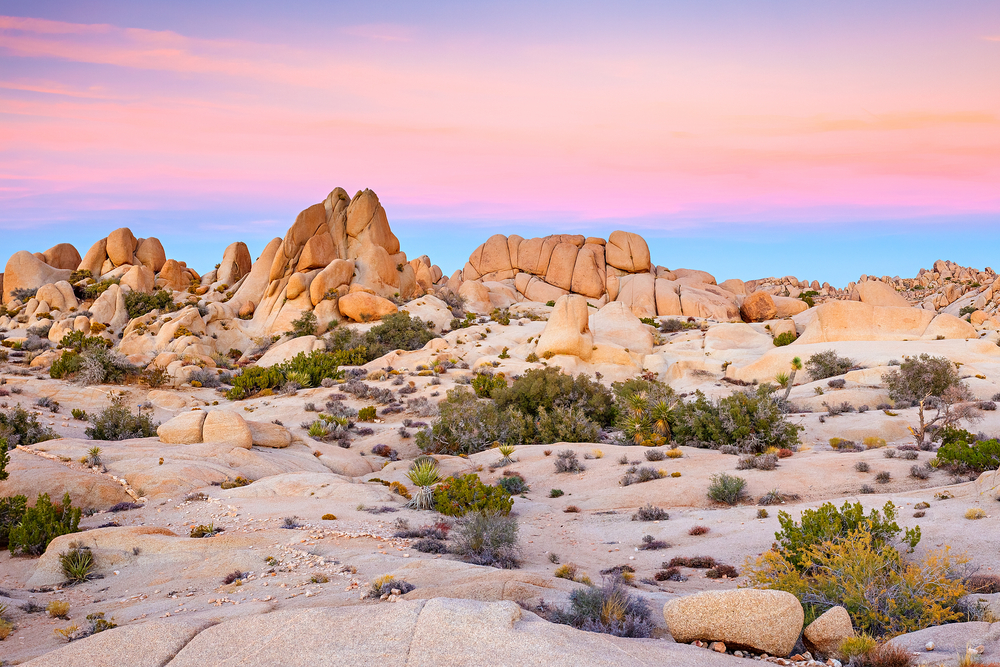 The Mojave Desert in Southern California. The desert is a pale sand and there are some rock formations that have a deeper tone. The sky is blue, purple, pink, and orange. 