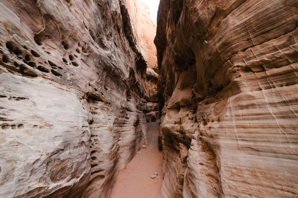 the narrow walls of the slot canyon along the White Domes Loop hike