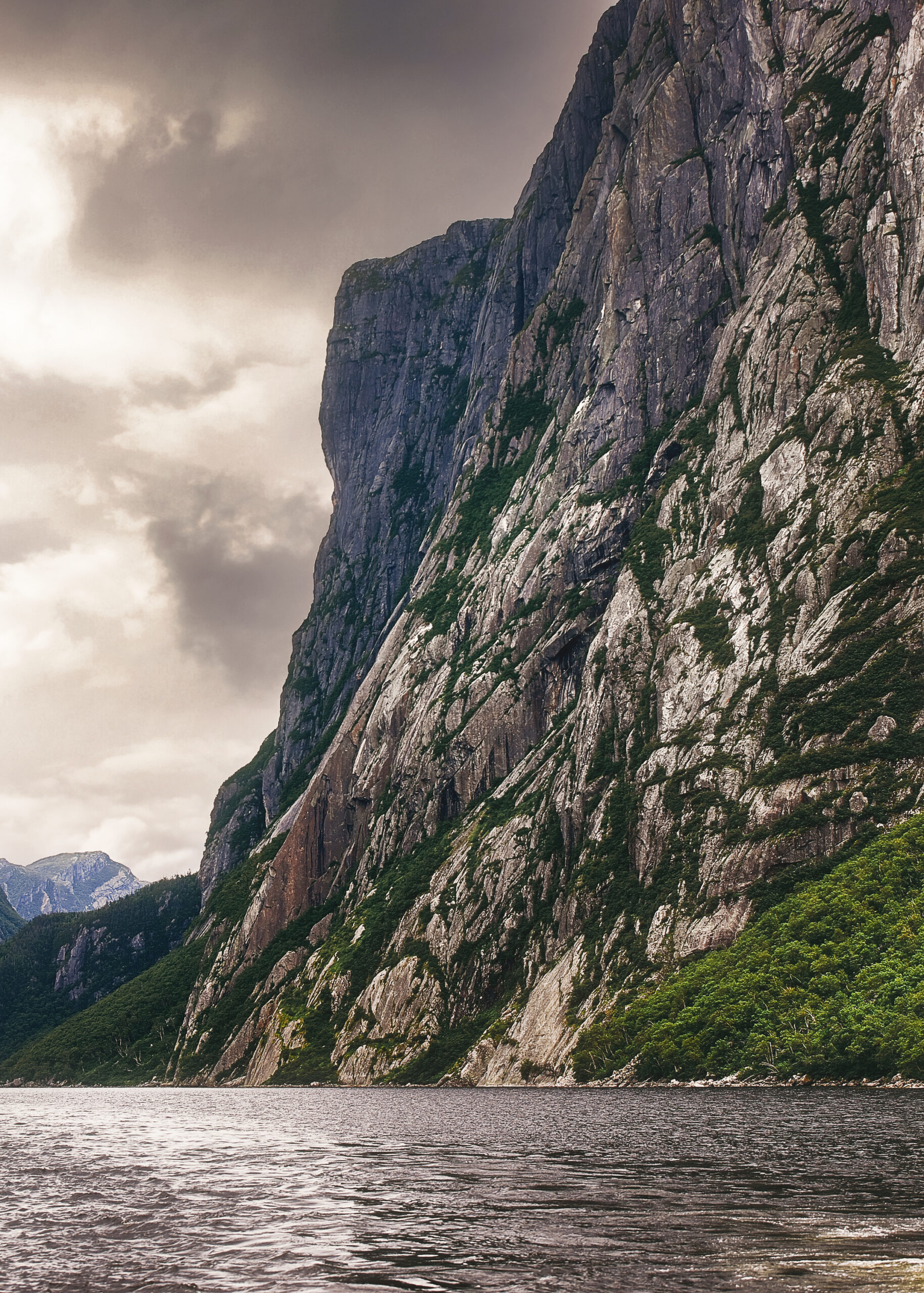 The side of a large rocky mountain on the shore of a pond in West Newfoundland. Most of the mountain is bare, but there is some grass growing on it. There is a small hill next to the mountainside that has trees growing on it. 