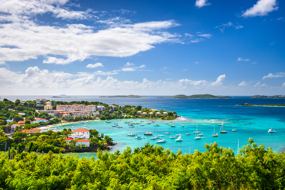 An aerial view of one of the harbors on Saint John US Virgin Islands. You can see white buildings with terracotta roofs, boats in the harbor, and lush green forests. 