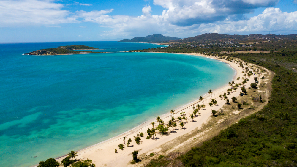 An aerial view of a white sandy beach, crystal blue water, palm trees, and a lush forest on an island. 