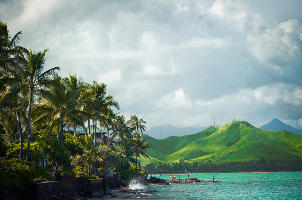 A view in Hawaii with mountains in the background and palm trees in the foreground. There is water and people on a rocky beach. The article is about the best luxury hotels in  Hawaii