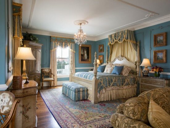 An ornately decorated bedroom with blue walls, an ornate bed, a chandelier, and more. Its a room in one of the best luxury hotels in the USA.