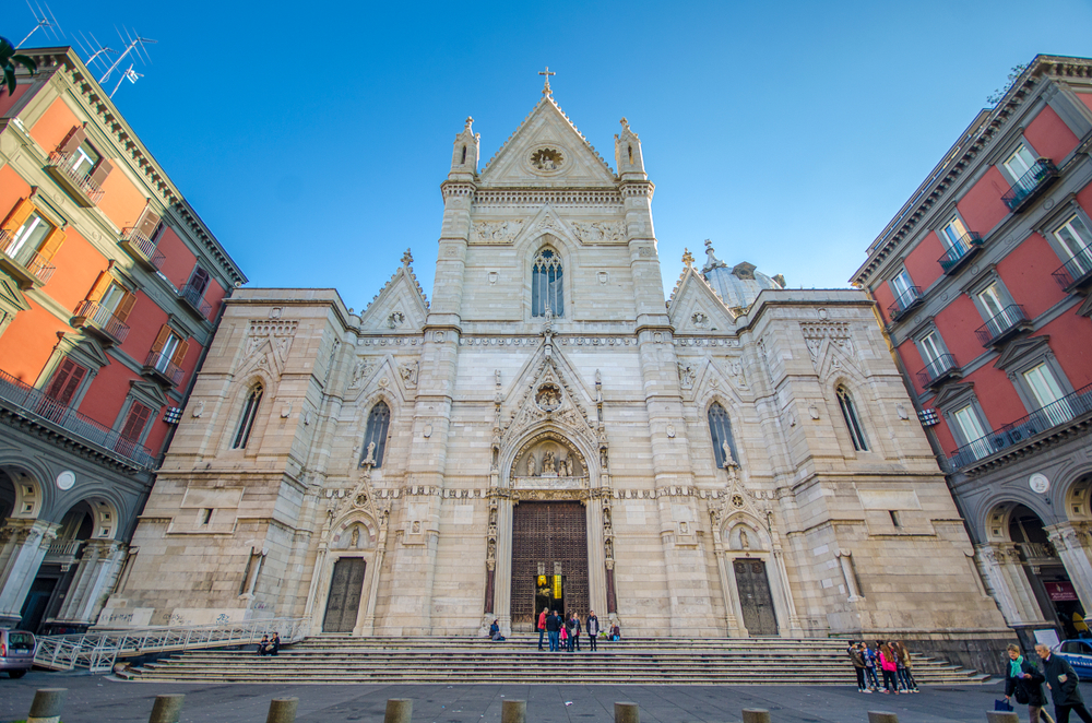 Front view of the exterior of the Duomo in Naples, Italy.
