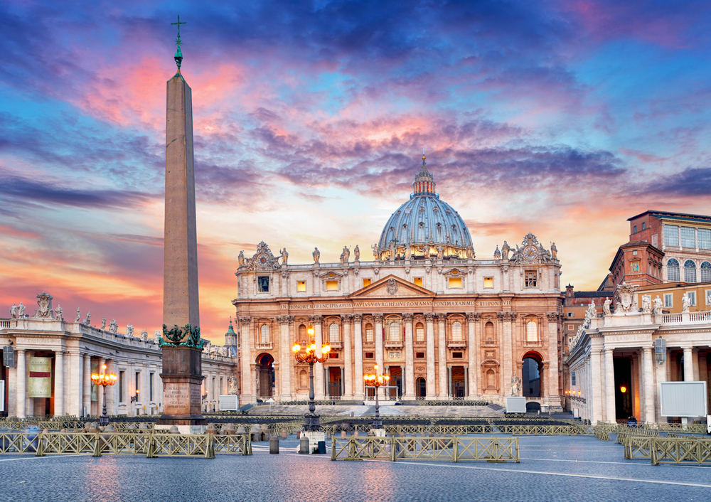Sunset over St. Peter's Basilica in the Vatican City.