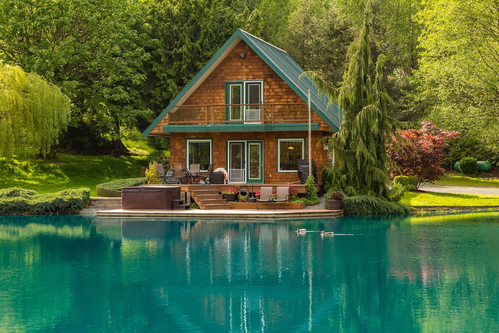 View of the lake and adorable cabin with ducks swimming in front of it