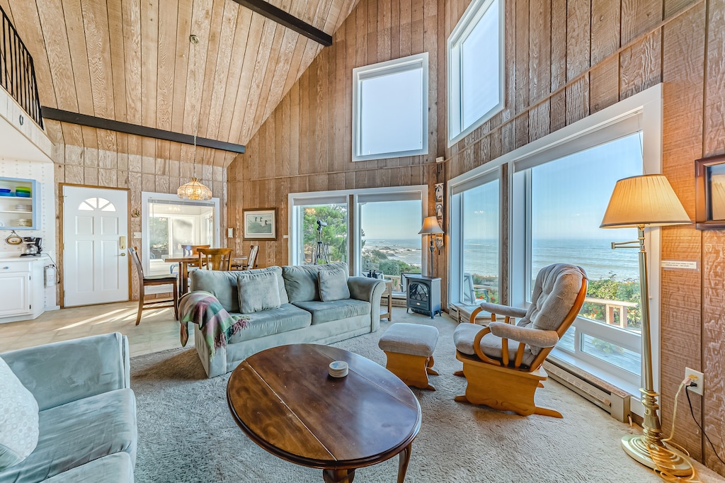 view of the wood paneling and epic beach view from the Oceanfront Cottage in Brookings