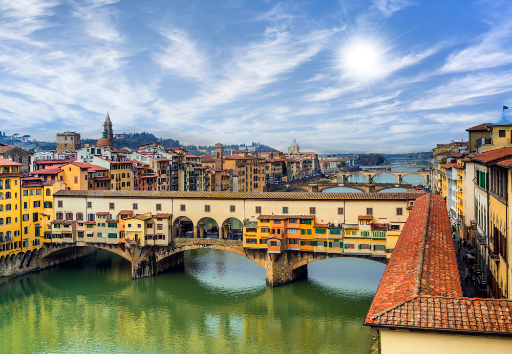 View of Ponte Vecchio spanning the river in Florence.