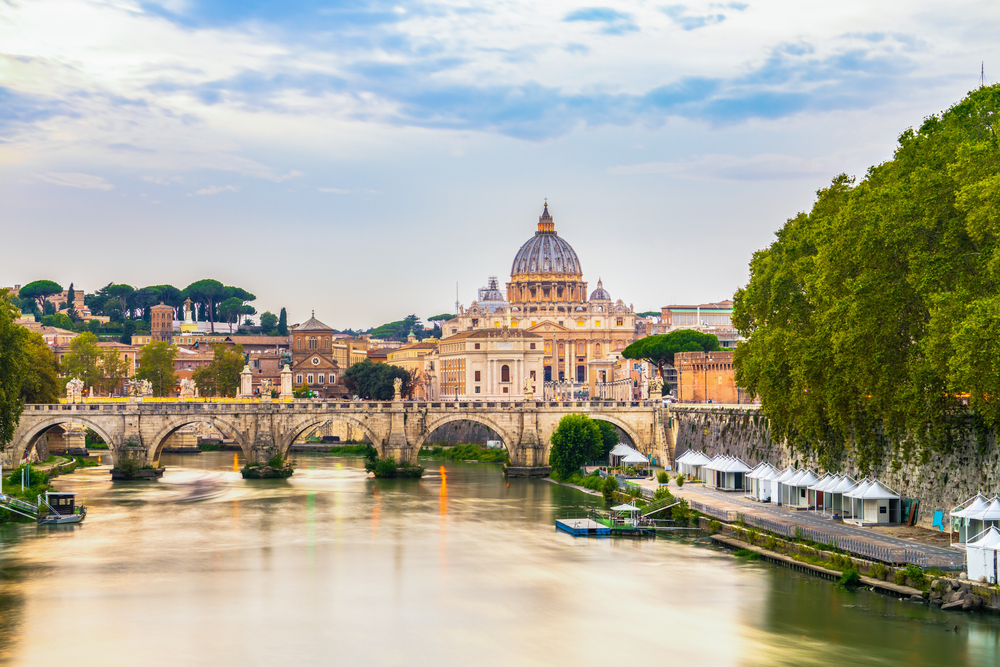 View across the river to the Vatican City, including St.Peter's Basilica.