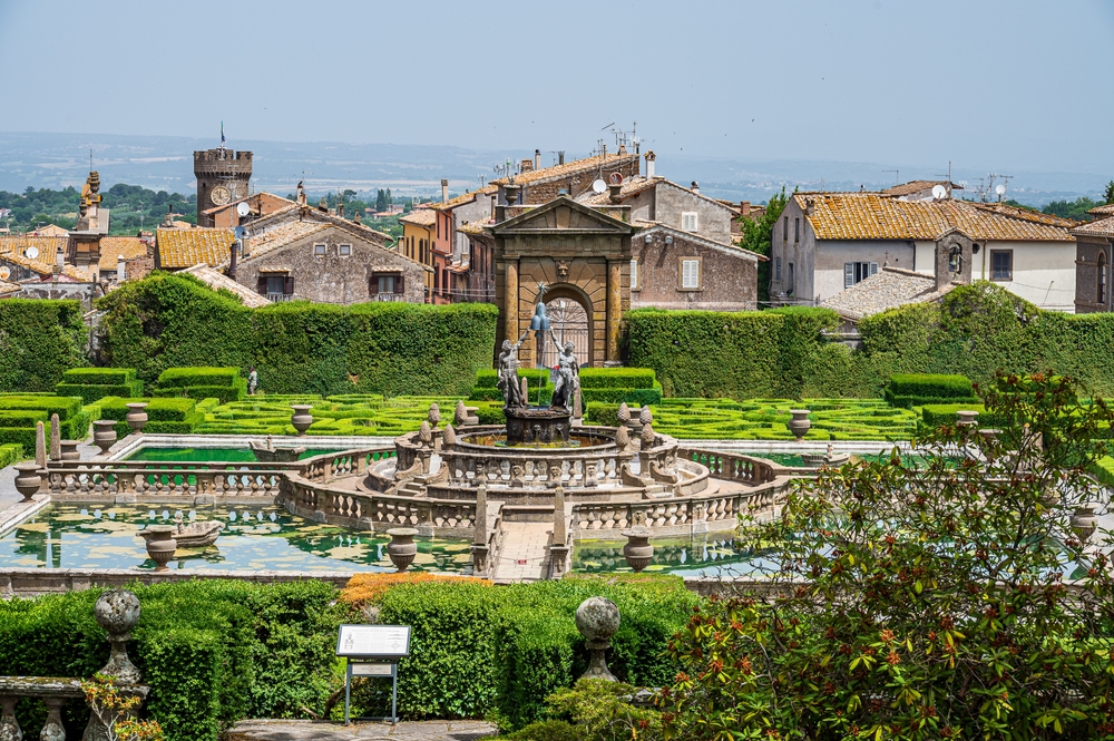 View of the fountain and manicured gardens in Bagnaia.