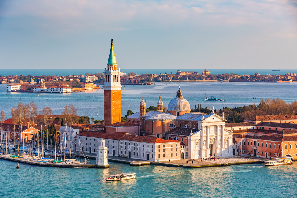 Aerial view of the island with the Church of San Giorgio Maggiore at sunset.