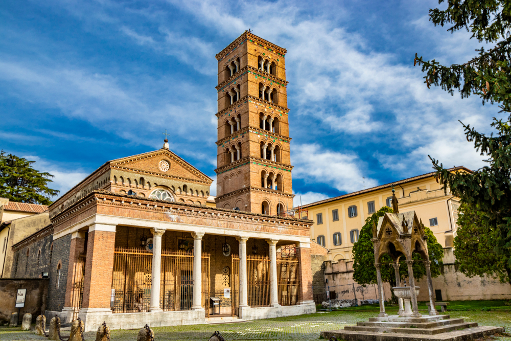 Church with a bell tower in Grottaferrata, one of the best day trips from Rome.