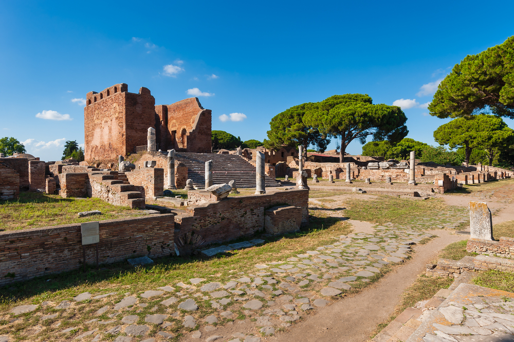 The ruins of Ostia Antica on a sunny day.