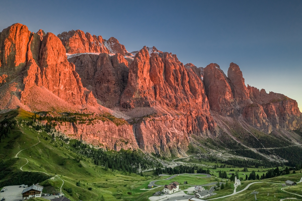 Sunset over the rugged Passo Gardena section of the Dolomites in Italy.