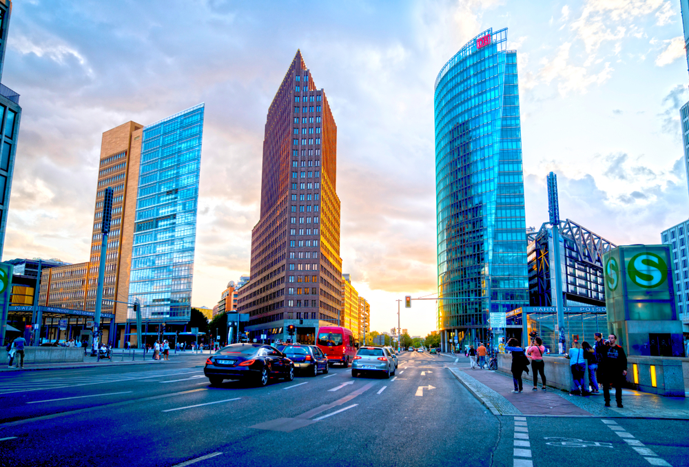 Sunset over the skyscrapers of Potsdamer Platz in Berlin.