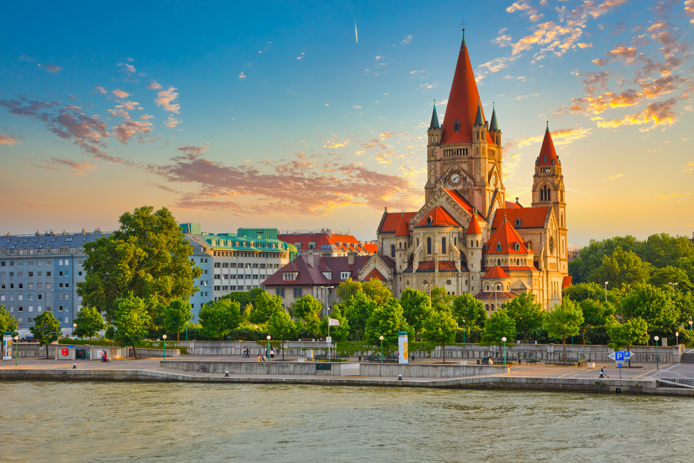 Grand Church Heiliger Franz of Assisi on the river in Vienna, Austria.