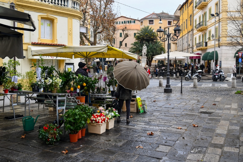 A person with an umbrella hovers over a flower stand on the street in Italy and May.