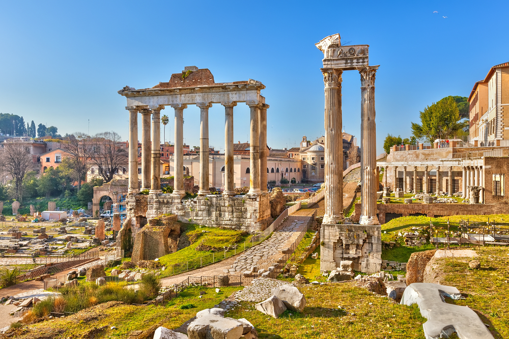 Ancient pillars and ruins at the Roman Forum.