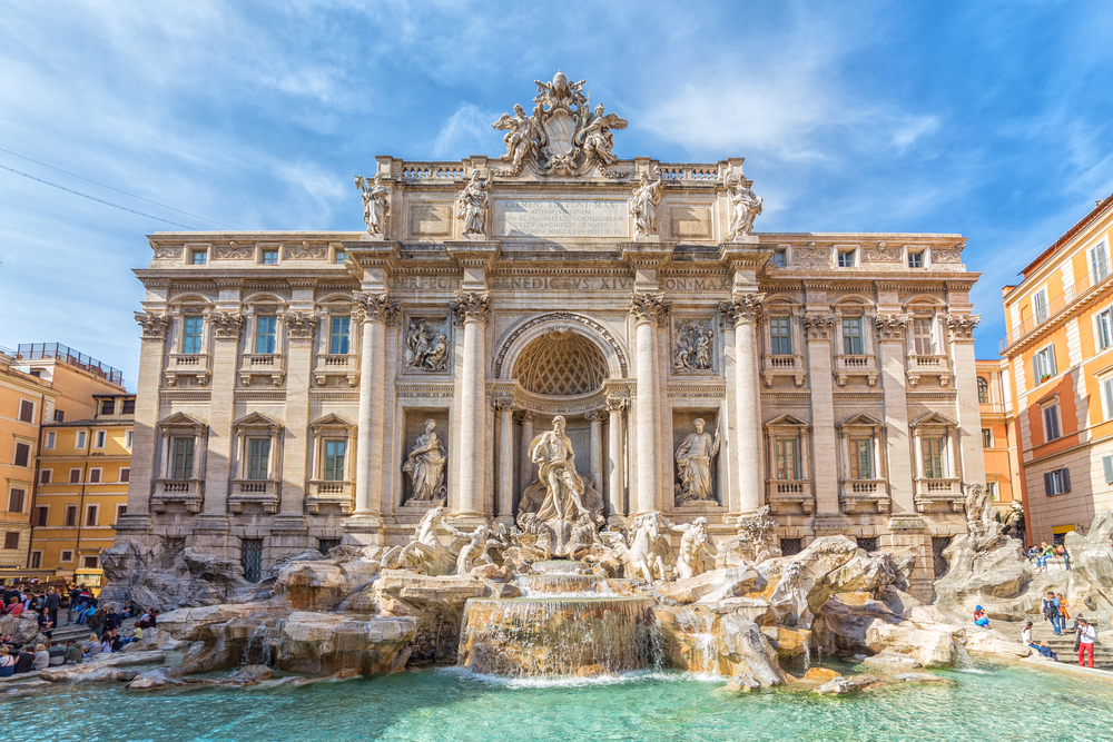 Sunny day at the Trevi Fountain in Rome.