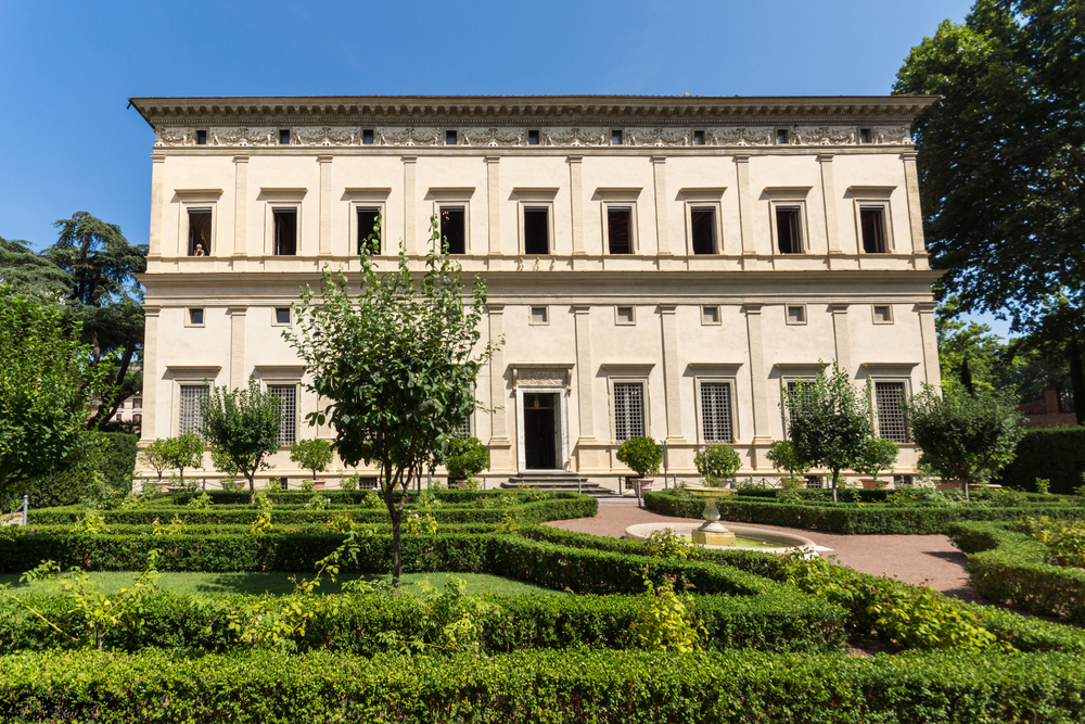 The manicured gardens in front of Via Farnesina.